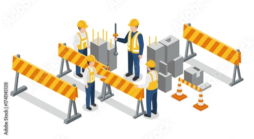 Construction site teamwork with workers and equipment in isometric style