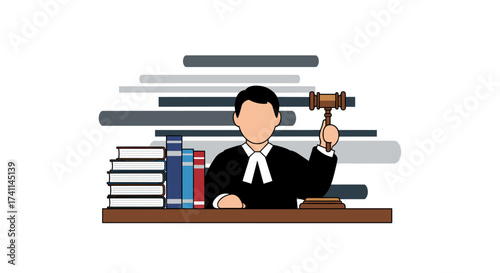 An illustration depicts a judge in a courtroom setting, holding a gavel above a desk with books, symbolizing law, justice, and legal proceedings against a white background.