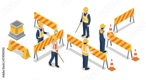 Isometric construction workers setting up road safety barriers