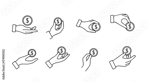 Collection of sketchy hand gestures holding coins representing finance and savings vector