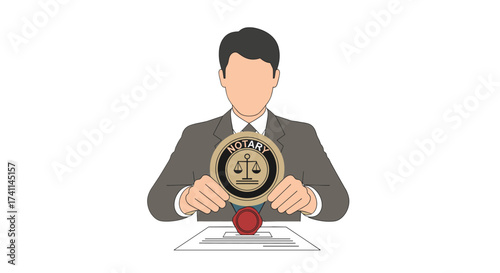 A professional notary public, depicted in a clean, vector illustration, holding a notary seal above a document, representing legal and business services.