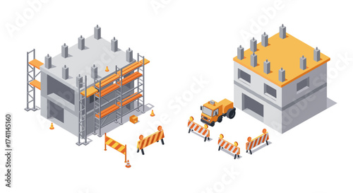 Isometric construction site with buildings and equipment