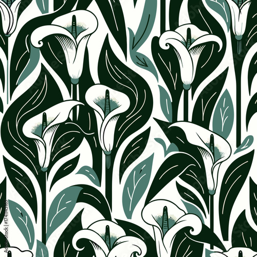 Elegant White Calla Lilies with Dark Green Foliage Pattern.