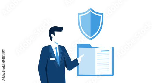 A professional man in a suit presents a document folder with a shield icon, symbolizing data protection and security in a digital environment, against a white background.