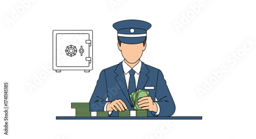 An illustration depicts a uniformed security guard counting cash at a desk with a safe nearby, representing financial security and banking concepts in a clean, modern style.