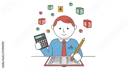 A cartoon illustration depicts a man working with a calculator and pencil, surrounded by floating number blocks, representing accounting or financial calculations and analysis.