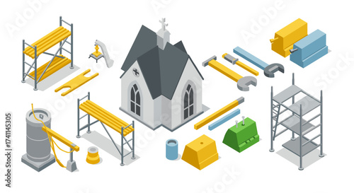 Isometric construction elements with church building and scaffolding