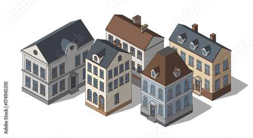 Charming european houses in isometric style