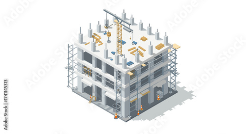 Isometric construction site with crane and unfinished building structure