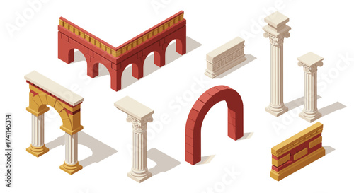 Isometric ancient architectural elements: arches, columns, and walls in red and gold