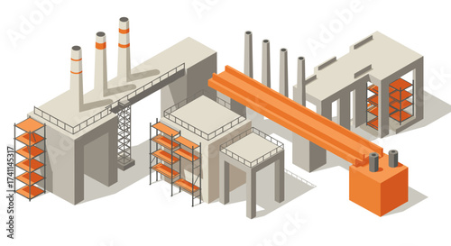 Modern industrial complex in isometric style with factory buildings and chimneys
