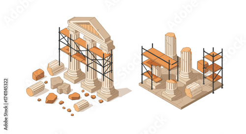 Ancient architecture restoration in progress with scaffolding and columns