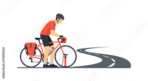 A cyclist in a red shirt and black shorts rides a road bike on a winding asphalt road, representing fitness, travel, and outdoor recreation against a white background.