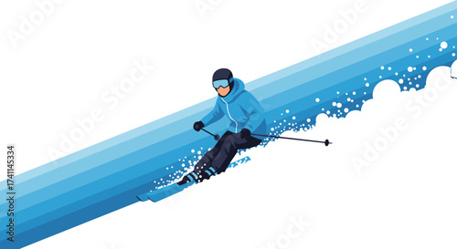 An illustrated skier in a blue winter outfit carves down a snowy slope, creating a dynamic graphic representation of winter sports and outdoor recreation against a white background.