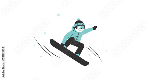 An illustration showcases a person snowboarding, enjoying a winter sport with a modern design style, featuring a clean white background and subtle snowflakes.