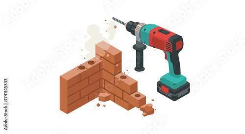 Isometric power drill and brick wall scene with dust and debris