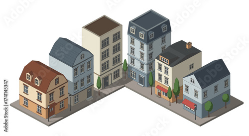Isometric urban street scene with colorful residential buildings and trees