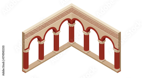 Isometric ancient architecture with classical columns and arches
