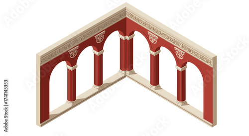 Isometric classical architecture with ornate columns and arches in red and beige