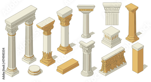 Classical architecture elements in isometric style featuring columns and capitals