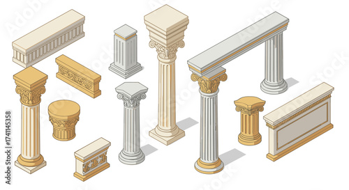 Classical architectural column and cornice elements in isometric style