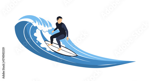 An illustration depicts a surfer riding a large, stylized ocean wave, showcasing the thrill of watersports and the beauty of the sea against a clean white backdrop.