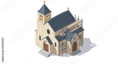 Isometric church restoration scene with scaffolding and bell tower