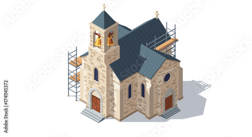 Isometric medieval church restoration with scaffolding and stone architecture