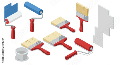 Isometric painting tools: rollers, brushes, buckets, and palette