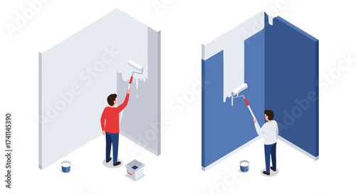 Isometric room painting transformation with roller and painter