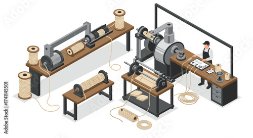 Isometric factory scene with worker operating rope manufacturing machinery