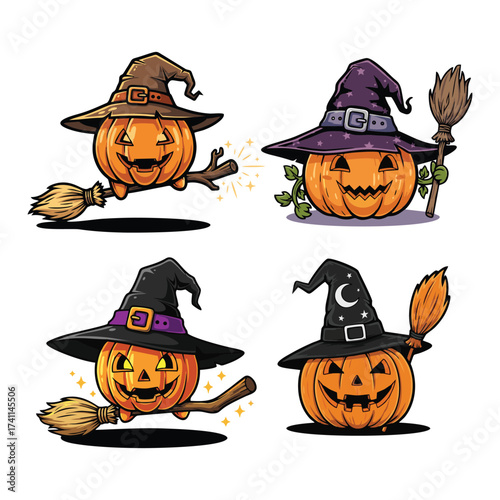 Halloween pumpkin witches with hats and broomsticks set