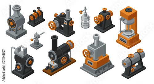 Isometric industrial machines collection with retro details in gray and orange