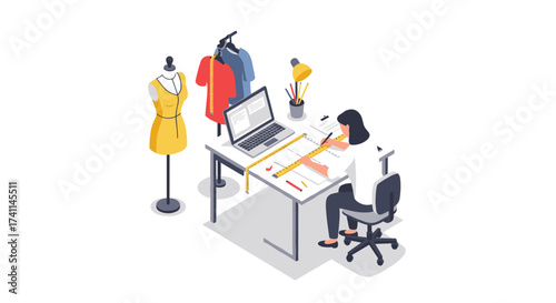 Creative fashion designer working at desk with sewing tools in modern studio