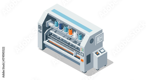 Modern isometric industrial machine with colorful threads for textile production
