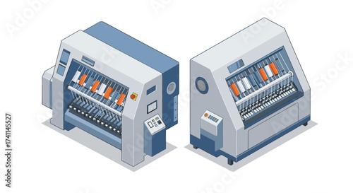 Industrial printing machines in isometric style for modern manufacturing