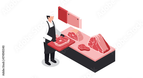Isometric butcher shop scene with meat cuts and chef