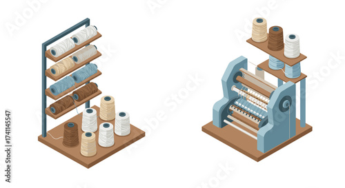 Isometric yarn spools and industrial machine on wooden shelves
