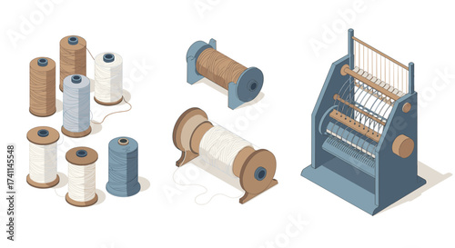 Isometric thread spools and weaving loom: crafting essentials in neutral tones
