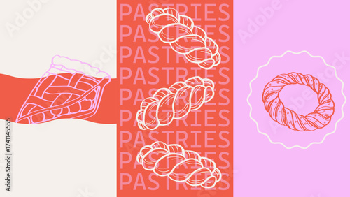 Funky retro design for a bakery. Fun dynamic branding design with pastries and vibrant color palette. Poster with Pie slice, Braided challah bread and Braided Danish pastry