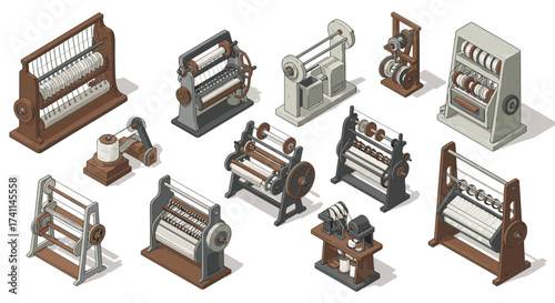 Isometric vintage yarn winders collection for craft and textile design