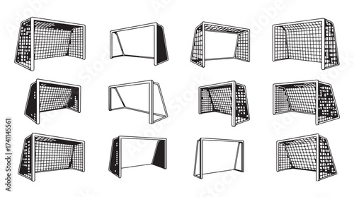 Set of hand drawn soccer goal variations artistic sketch style sports equipment collection vector