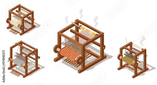Isometric weaving looms set with textured threads and smoke effect