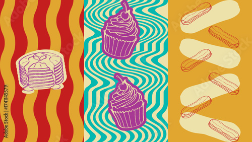 Funky retro design for a bakery. Fun dynamic branding design with pastries and vibrant color palette. Poster with Cupcake, Classic French éclair and Crepe