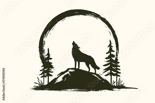 Wolf howling on cliff with trees ink brush sketch vector illustration