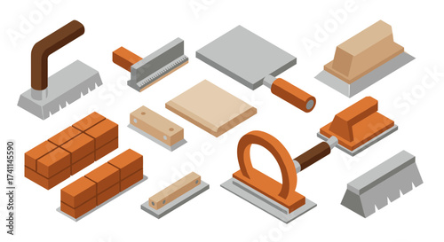 Isometric construction tools: essential bricklaying and trowel equipment in 3d design