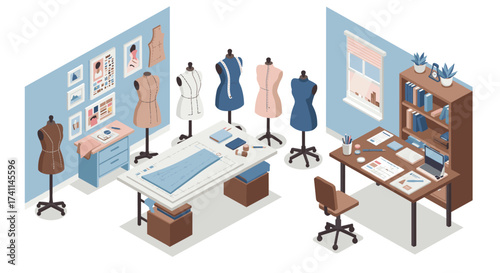 Fashion design studio with dress forms and workstations in isometric view