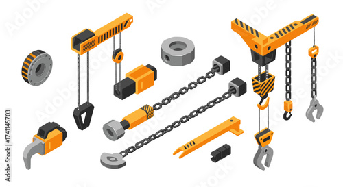 Industrial equipment isometric set with hoists, chains, hooks, and parts