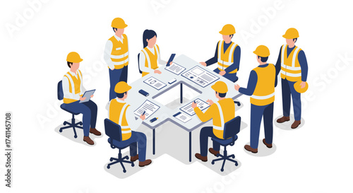 Construction team meeting in isometric style: engineers and workers collaborate on project plans