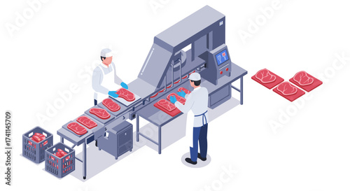 Automated meat processing production with workers in isometric design